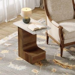 Andrea 23.62. in. White and Brown Rectangle Wood End Table with Faux Marble Top Finish