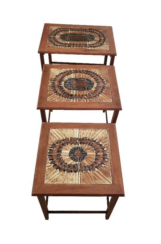 Mid 20th C Danish Toften Mobelfabrikken Nesting Accent Tables With Ceramic Tile Inlays, Set Of 3