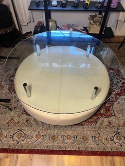 Modern Round Glass & Cream Leather Ottoman Coffee Table – Sleek & Unique!