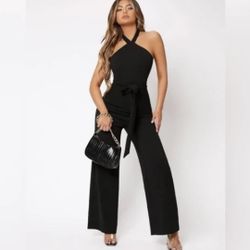 NEW WDIRARA Women's Sleeveless Halter Tied Backless High Waist Belted Wide Jumpsuit New with tags Size XL, Black