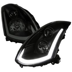 SD 2003-2007 Infiniti G35 Coupe LED Bar Projector Headlights w/ Sequential Turn Signals (Black Housing/ Smoked Lens)