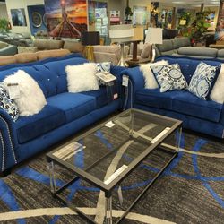 New Blue Velvet Sofa Loveseat Set