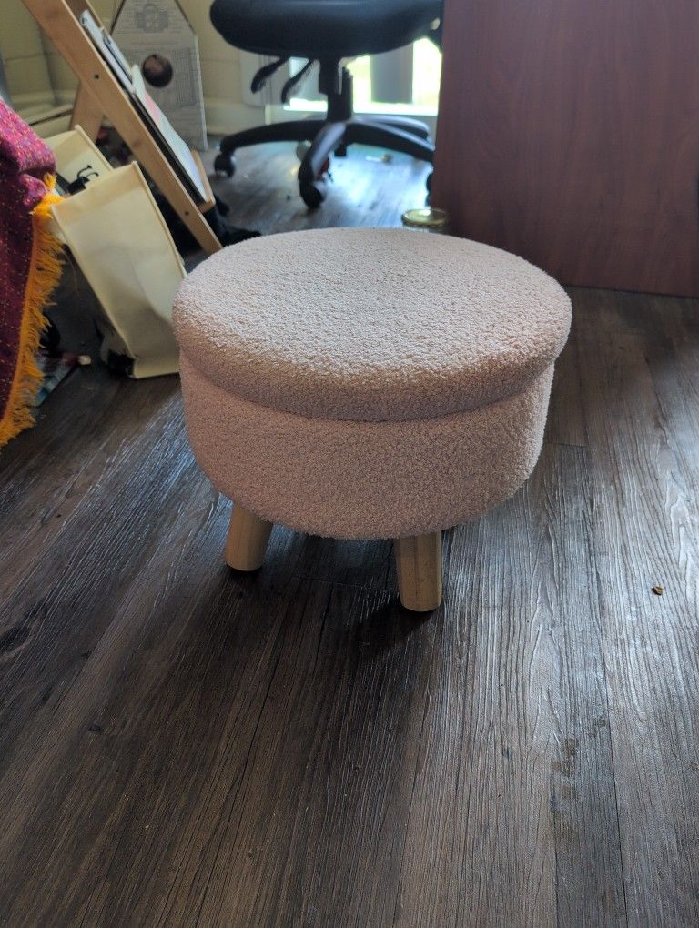 Pink Fuzzy Footstool With Built-in Storage And Tray