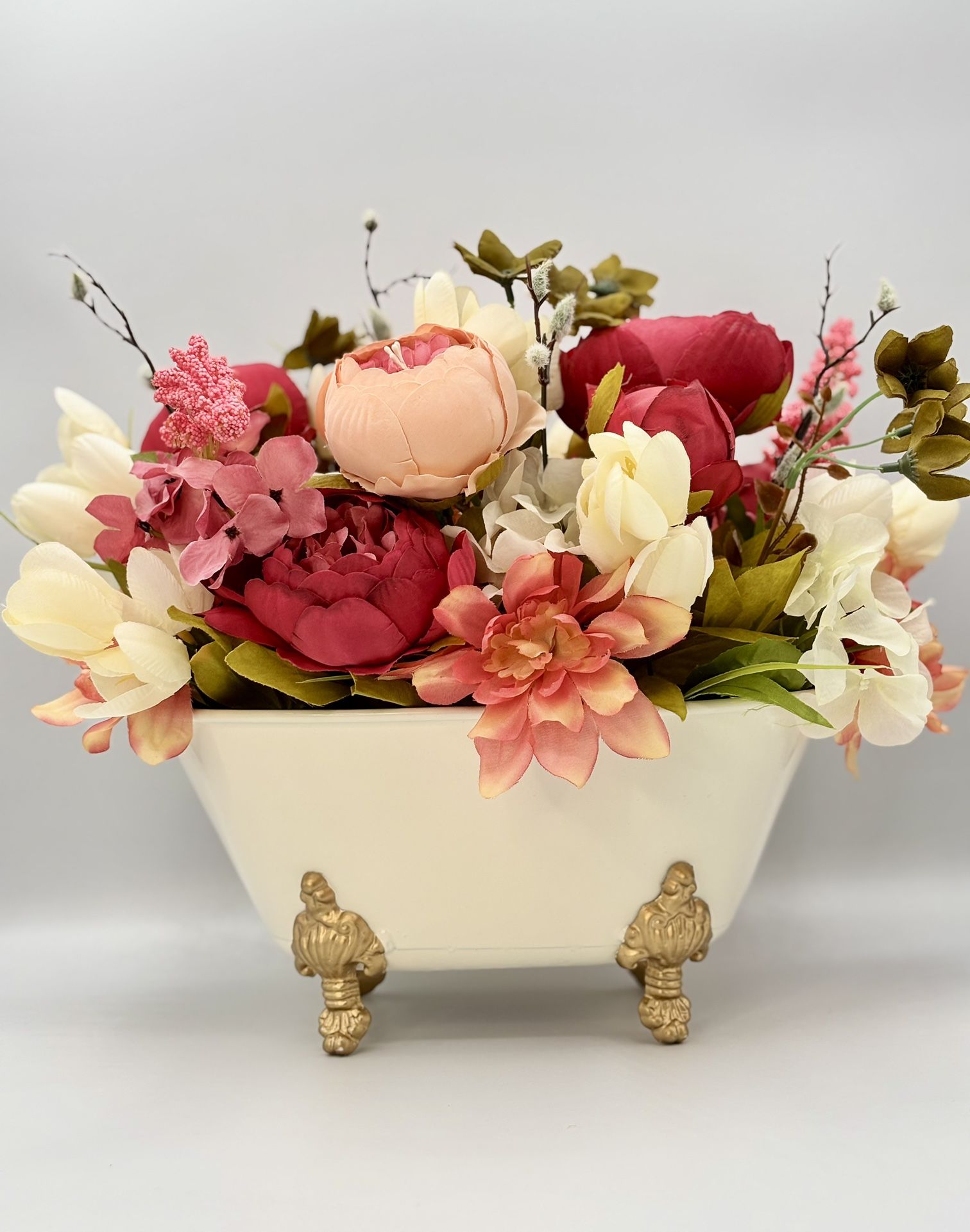 Floral Arrangement in Original Metal Tub Vase With White & Gold Finish