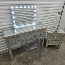 Glam Mirrored Vanity Desk with LED Lighted Mirror + Acrylic Chair & Nightstand