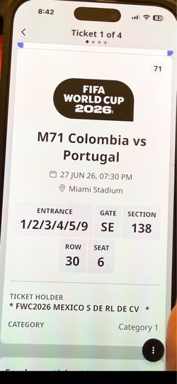 2 o 4 Tickets Colombia Vs Portugal