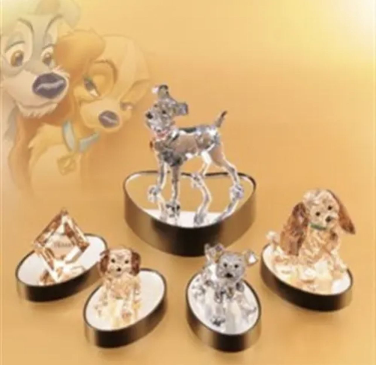 Swarovski Crystal Disney Limited Edition Lady And The Tramp Figurines & Paw Print Mirror Display Stand MIB