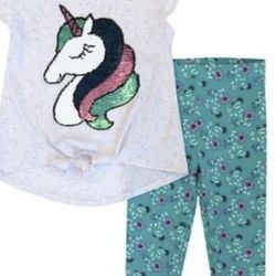 Blush brand Size 10/12 Two-piece Outfit.  Unicorn Sequence with two different Pictures.  The pants are green colored Not blue 