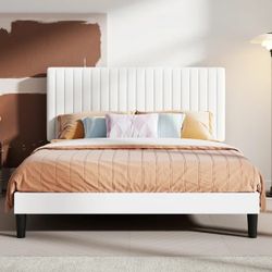 Upholstered Bed Frame with Adjustable Vertical Tufted Headboard, Velvet Finish, Full, White Adjustable Headboard: You can customize the hei