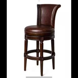 MAVEN LANE Dark Walnut High Back Wooden Bar Stool with Luxe Vintage Brown Vegan leather seat.