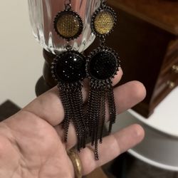 Unique Sparkly Black Resin Round Faux Druzy Stone Stud Dangle Drop Earrings for Women Charm Statement Tassel Chain Long Earrings Jewelry