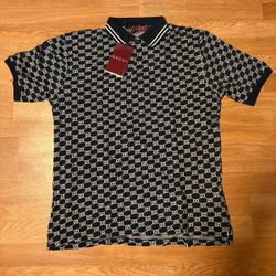 Gg Navy Blue Monogram Polo 