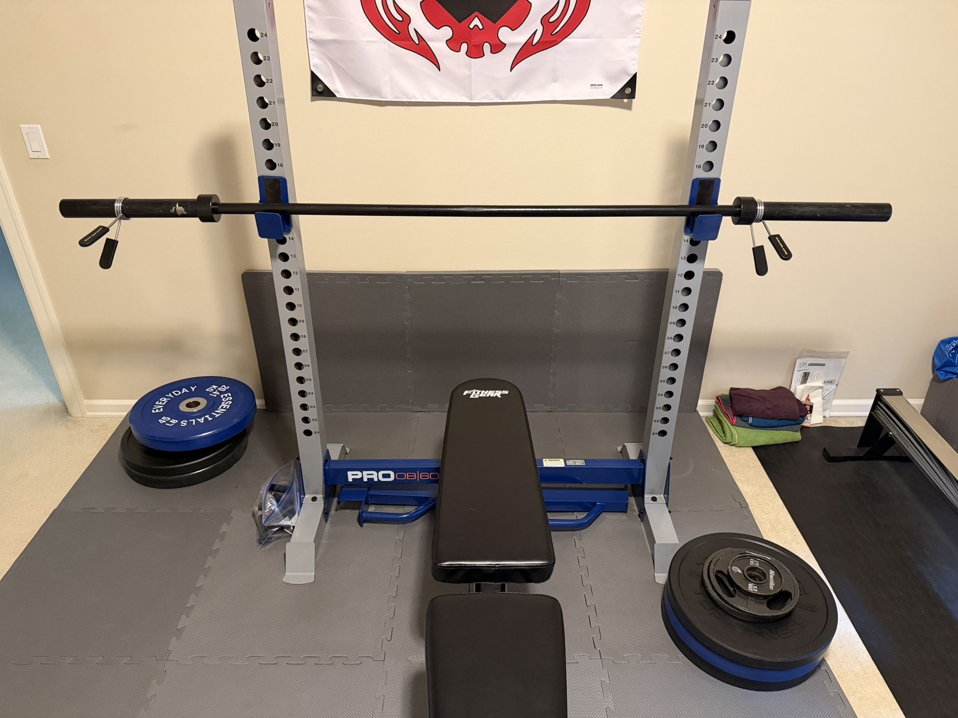 Olympic Bench/Squat Rack and Bench + Bar and Weights
