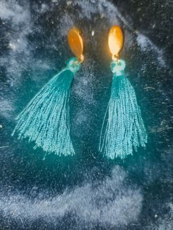 Teal Tassel Drop Earrings with Gold Studs