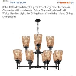 Boho Rattan Chandelier 12-Lights 2-Tier Large Black Farmhouse Chandelier with Hand Woven Fabric Shade Adjustable Rusti Wicker Pendant Lights for Dinin