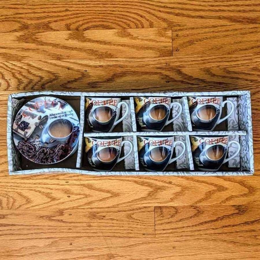 NEW 6-piece set of porcelain ceramic enamel espresso coffee caffe cafe cups mugs and saucers plates