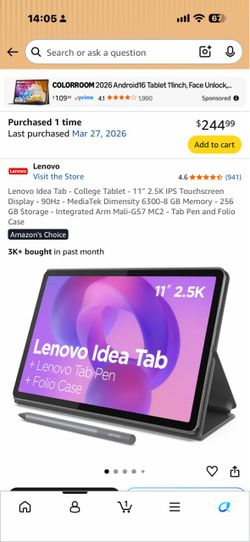 Lenovo Idea Tab - College Tablet - 11″ 2.5K IPS Touchscreen Display - 90Hz - MediaTek Dimensity 6300-8 GB Memory - 256 GB Storage