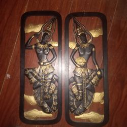 Vintage Hand Curved Wood Wall Plaques Thai Dancers