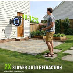 Retractable Hose Reel 1/2 in x 100 ft, Heavy Duty Wall Mounted Garden Hose Reel with 10-Pattern Nozzle, Any Length Lock, Automatic Slow Return System,