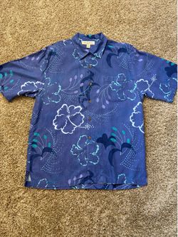 Tommy Bahama 100% Silk Blue Floral Hibiscus Print Camp Shirt Mens Size Medium