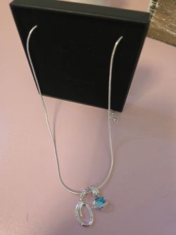 Silver Snake Chain Necklace with Blue Crystal Pendant