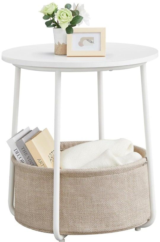 VASAGLE Small Round Side End Table, Modern Nightstand with Fabric Basket