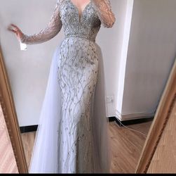 Silver Long Sleeved Bead Dress With Detachable Veil