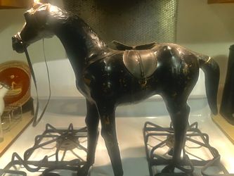 Real old natural Antique black leather wrapped horse by hand 20” tall X 13”