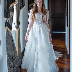 Light Champagne Long Sleeves Beaded Wedding Gown