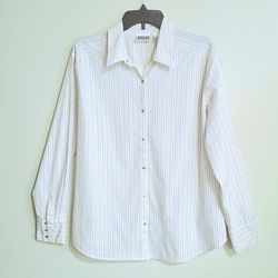 Chico's Design white with black pinstripe shirt, snap closures, 3 snap cuff, L
