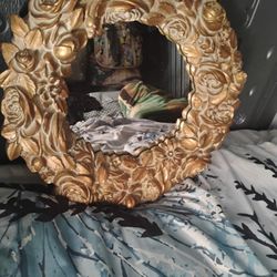 Gold Floral Rose Wreath Round Gilt Mirror 17"