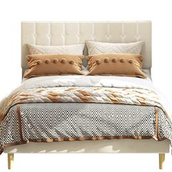 Full Bed Frames incl Mattress , Velvet Upholstered Platform Bed Frame with Headboard and Strong Wooden Slats, Beige (Like New)