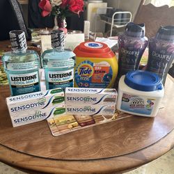 Listerine Mouthwash, Toothpaste, Tide Pods, Downy Scentbeads, OxiClean Sanitizer 