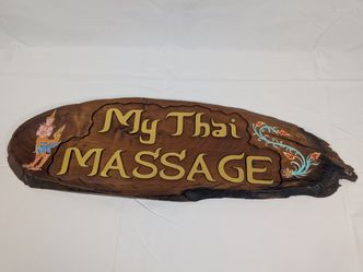 Hand Carved Thai Massage Wood Wall Sign Rustic Teak Spa Decor Hanging Plaque