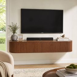 71" Fluted Floating TV Stand, Wall-Mounted Media Console (Walnut) Hidden storage, soft-close doors, cable grommet, rounded ends and 110 lb top load fo