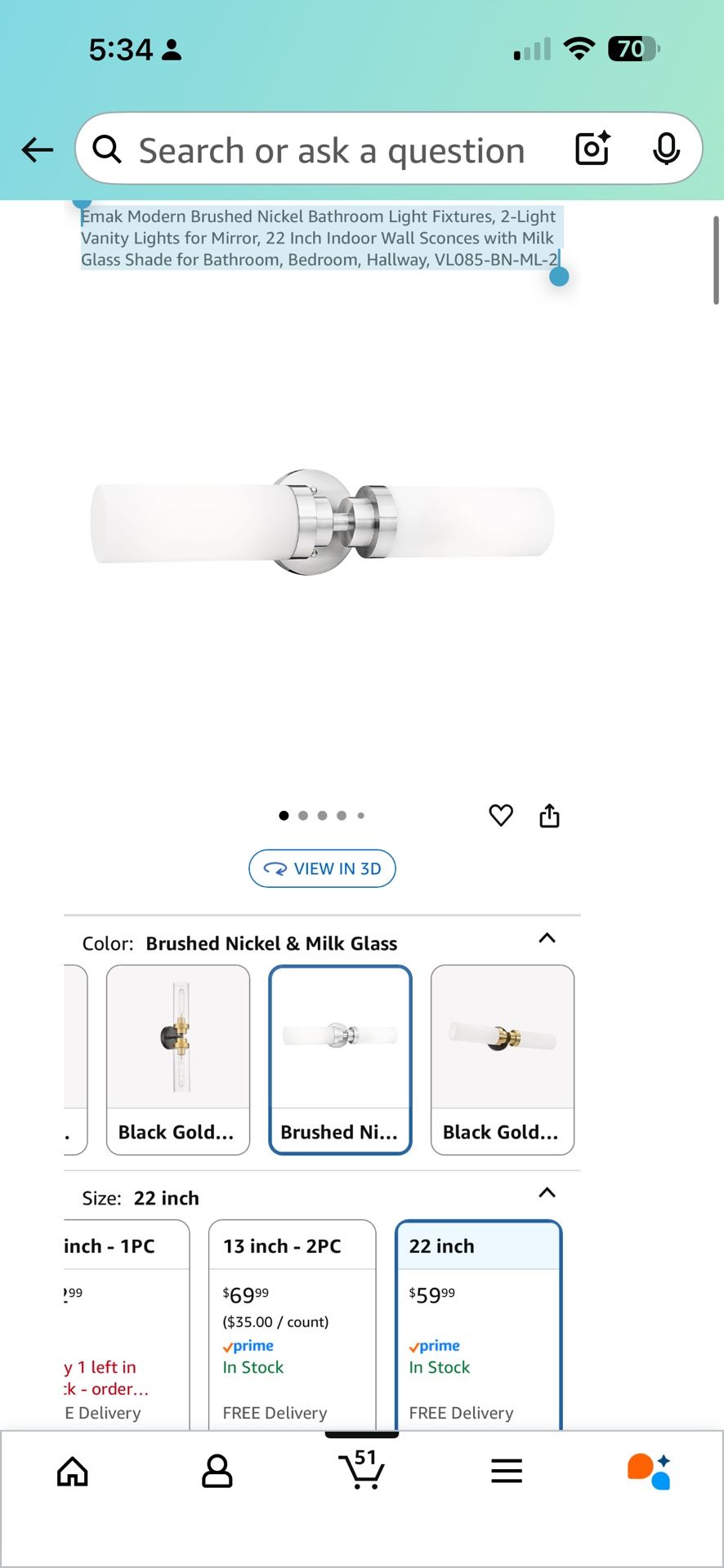 Emak Modern Brushed Nickel Bathroom Light Fixtures, 2-Light Vanity Lights for Mirror, 22 Inch Indoor Wall Sconces with Milk Glass Shade for Bathroom, 