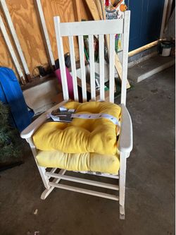 White outdoor rocking chair with new cushion- farmhouse style