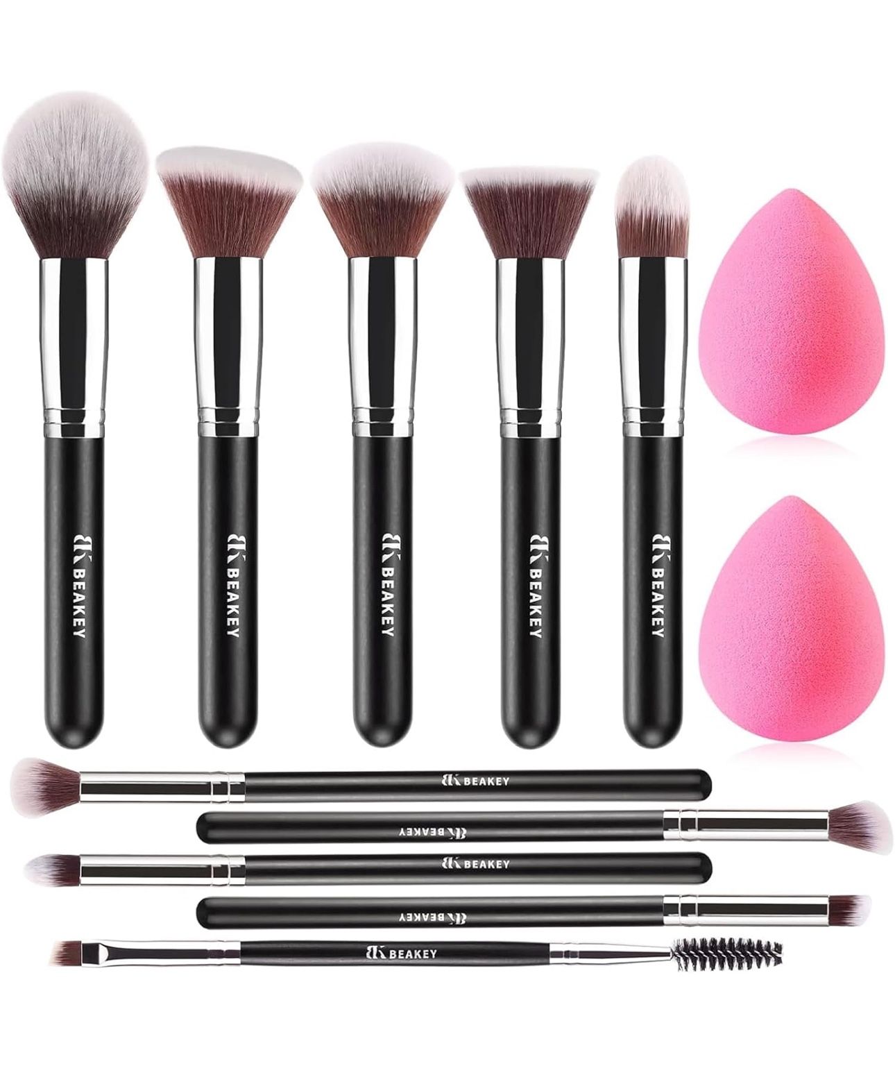 BEAKEY Makeup Brushes Set, Professional Foundation Eyeshadow Concealer Blush Powder Bronzer Applicator, 2 Blender Sponge with Beauty Paper Case