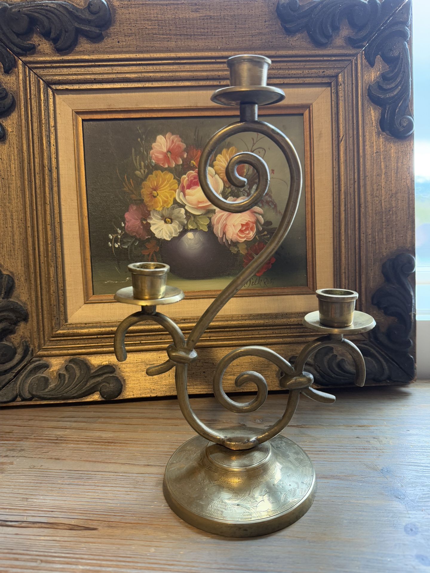 Vintage Etched Brass Candelabra Three-Arm Candle Holder / Art Nouveau Decor / Hollywood Regency Decor / Romantic Decor