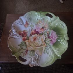 Antique PS Germany Serving Bowl adorned with a beautiful hand-painted design of roses and cherries. 