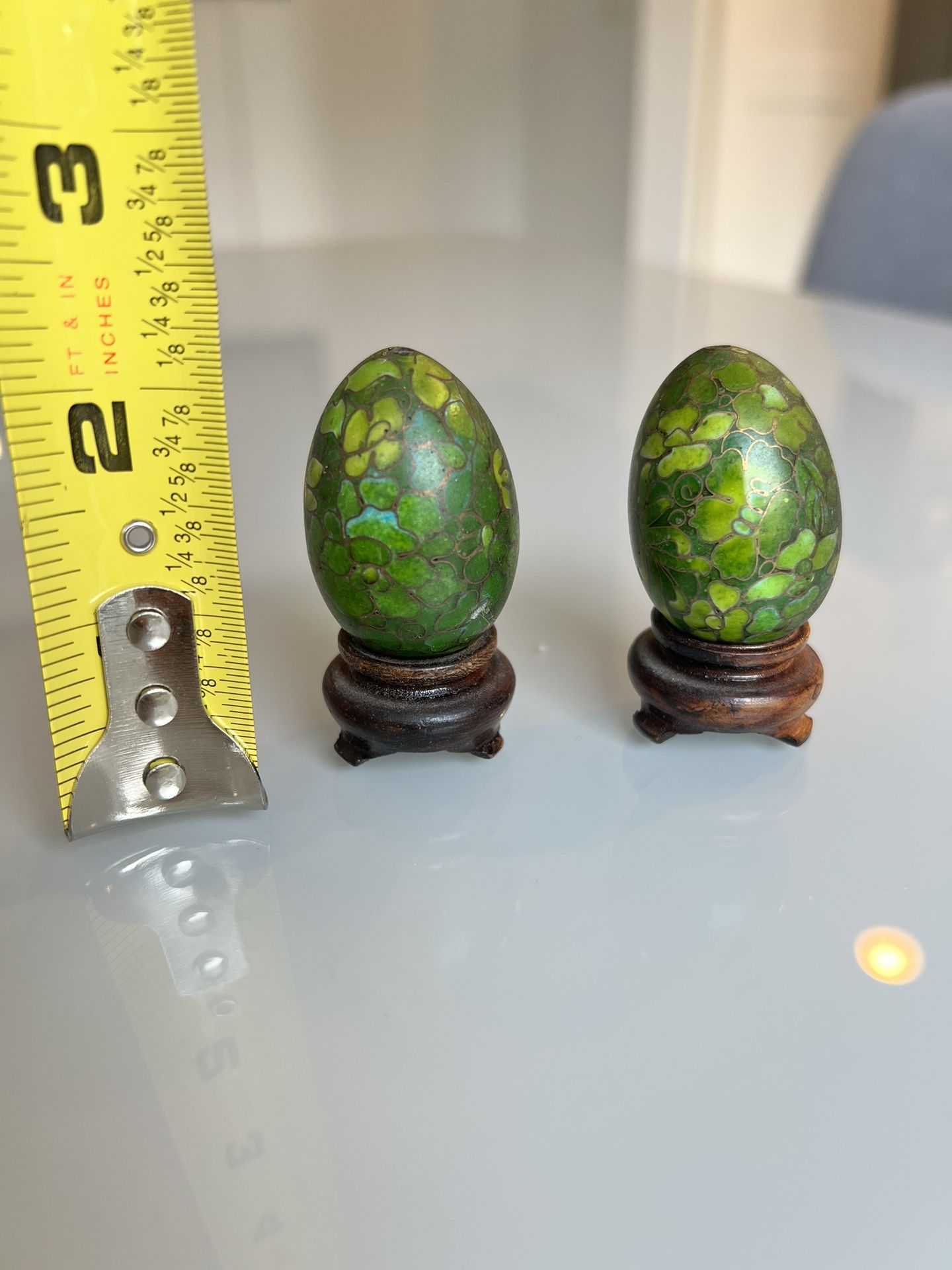 Vintage Chinese Pair of Colourful Cloisonné Style Decorative Eggs with Stands