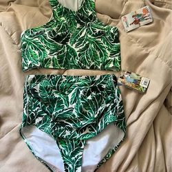 Swim zip palm leaf high waist two piece suit