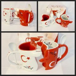 Turkish Flag Coupled Mugs & Spoons Set Built-In Spoonholders Republic of Turkiye