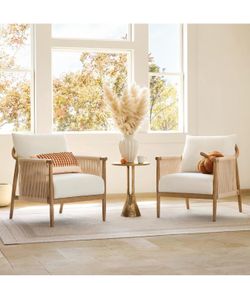 CHITA Braid Accent Chair Set of 2, Wood Frame and Paper-Cord Armrest, Cream Boho Reading Armchair, FSC Certified Solid Wood Living Room Chair, Bedroom