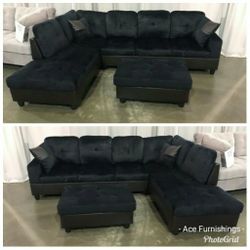 Brand New Midnight Black Microfiber Sectional With Storage Ottoman 