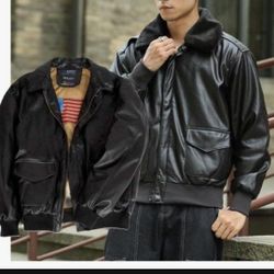 Shake Wolf Men's Casual Leather Bomber Jacket in Black & Brown M