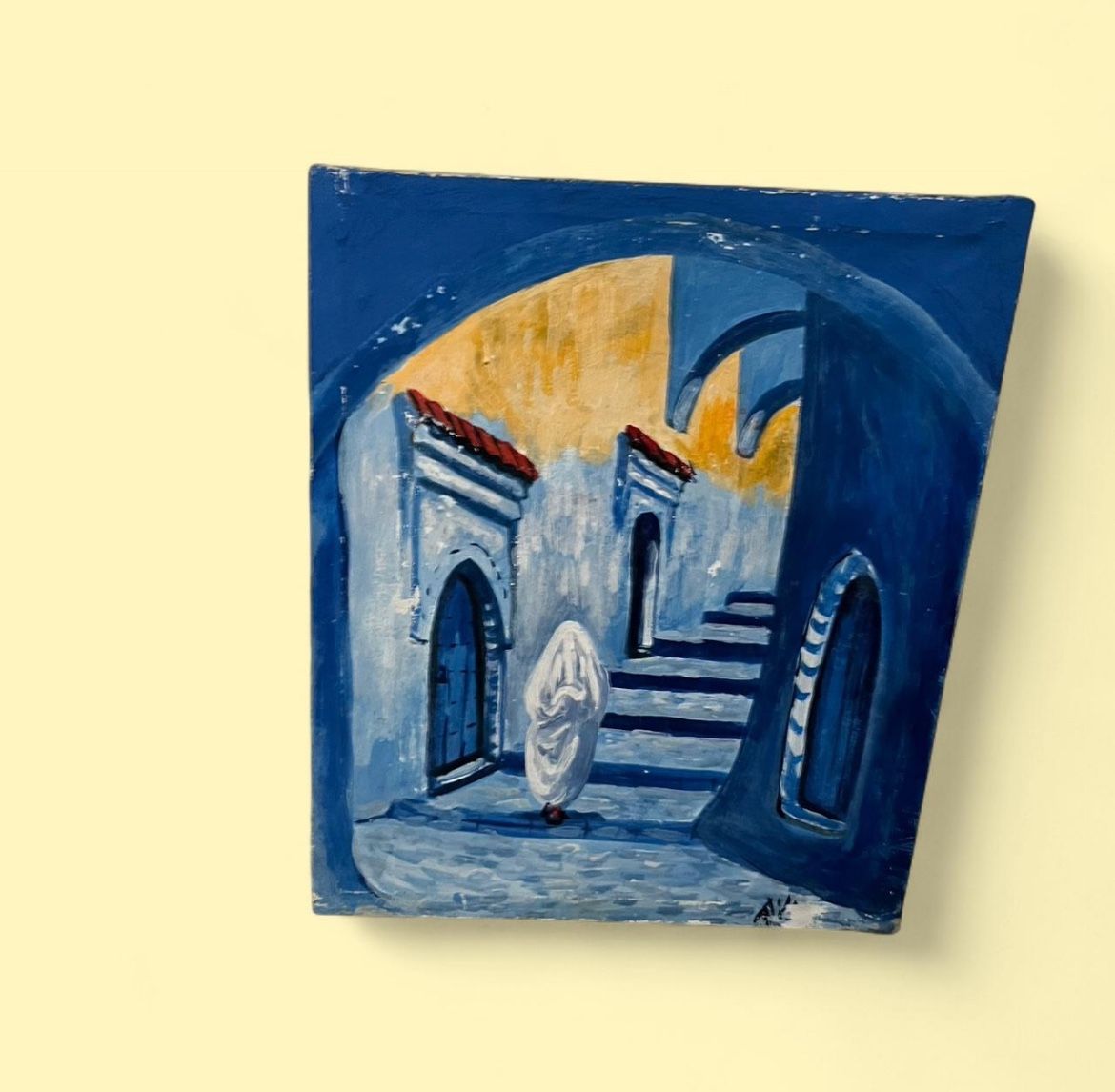 Original Moroccan Painting from Chefchaouen 17x20 Hand-Painted Blue City Scene on Canvas