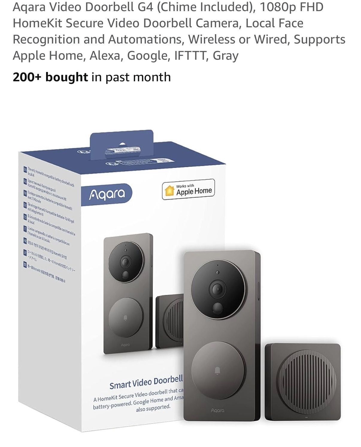 Aqara Video Doorbell G4 (Chime Included), 1080p FHD HomeKit Secure Video Doorbell Camera, Local Face Recognition and Automations, Wireless or Wired, S