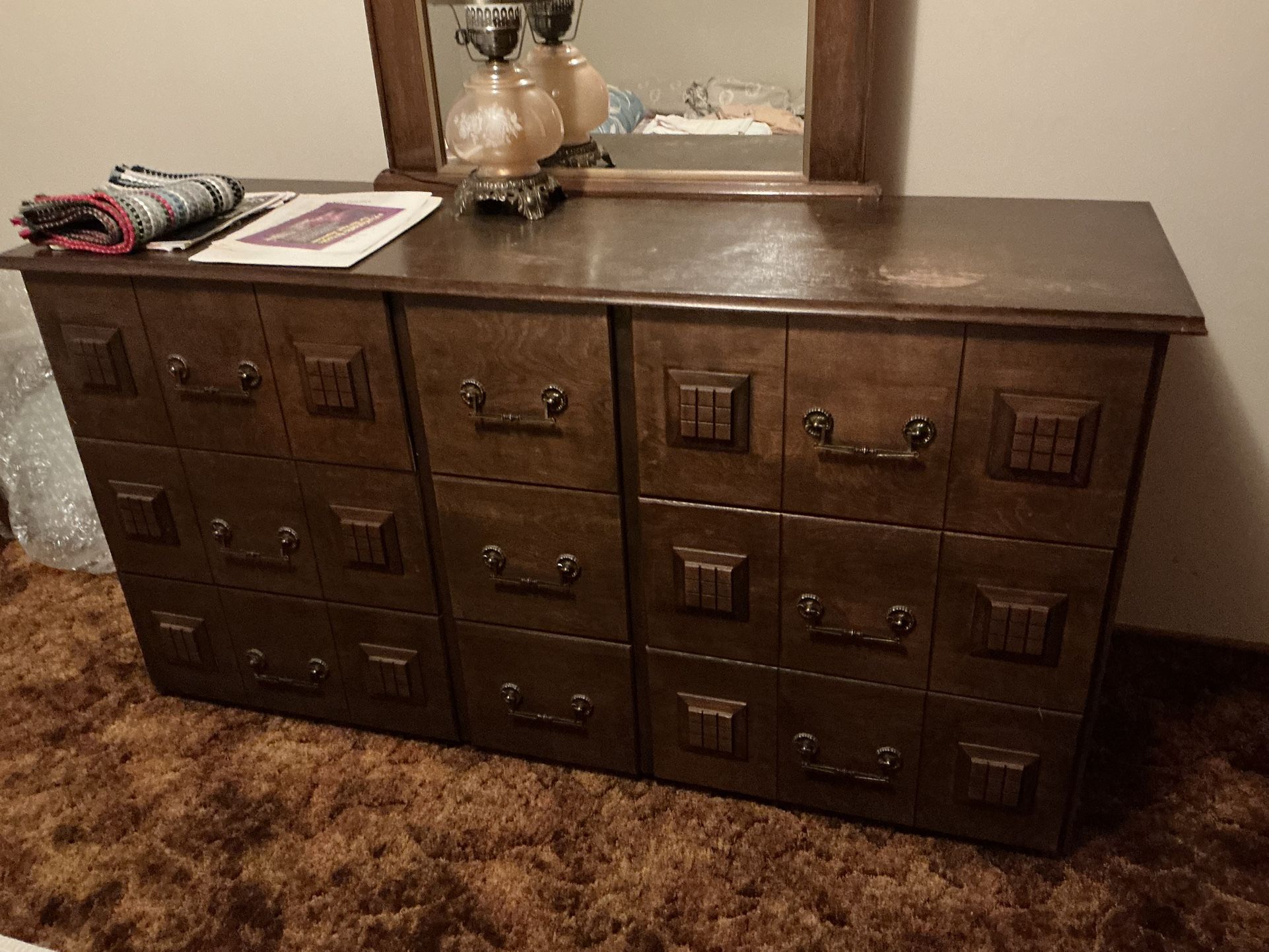 Dresser - Vintage w/ Large Mirror. Custom Made, Heavy Solid Wood With 9 Drawers.