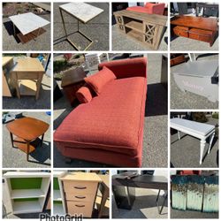 Chaise sofa, coffee table, tv stand, end table, toy box, desk